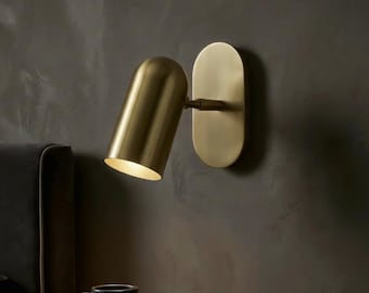 Messing wandkandelaar met één cilinder - draaibare wandlamp uit het midden van de eeuw, minimalistische leeslamp, ovale achterplaat