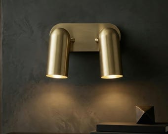Modern Brass Double Wall Sconce Light, Minimalist Gold Cylinder Wall Lamp, Luxury Bedroom Bathroom Vanity Lighting