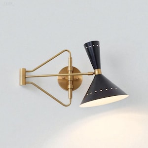 Mid-Century Modern Brass Wall Sconce – Adjustable Swing Arm Cone Light