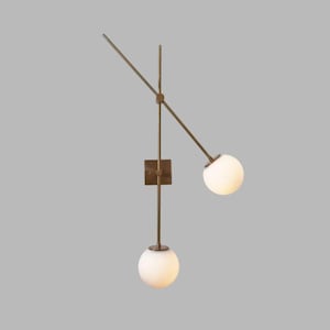 Mid Century Double-Arm Brass Globe Handmade Wall Sconce, Asymmetrical Frosted Glass Orb Wall Lamp, Modern Sculptural Brass Lighting Fixture