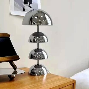 Mushroom Mid Century Modern Chrome Table Lamp, Retro Stacked Dome Minimalist Desk Lighting Accent