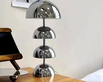 Mushroom Mid Century Modern Chrome Table Lamp, Retro Stacked Dome Minimalist Desk Lighting Accent