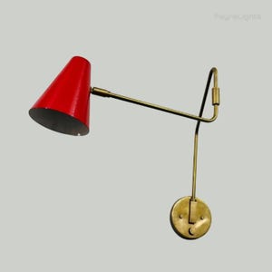 Articulated Sconce Vintage Brass Swing Arm Wall Lamp – Mid Century Modern Adjustable Red Shade Sconce – Industrial Wall Light Fixture