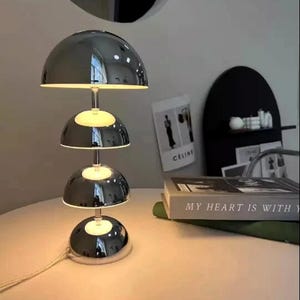 Retro Mushroom Table Lamp – Mid Century 3-Tier Chrome Dome Accent Light for Cozy Bedrooms & Modern Living Spaces