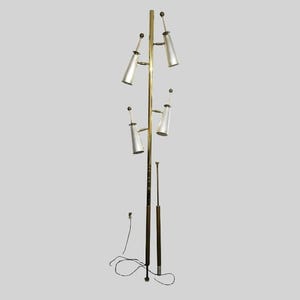 Raymond Loewy Style Mid Century Brass Tension Pole Lamp | 4 Cone Shades | Atomic Futura Vintage Mid Century Modern Cone Floor Lamp Fixture