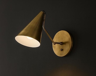 Mid‑Century Modern Brass Cone Wall Sconce, Adjustable Bedside Reading Light with Switch Fixture