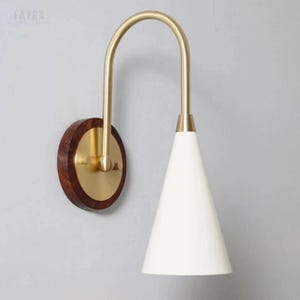 White Cone Shade Brass Wall Sconce Mid Century Modern with Wooden Base
