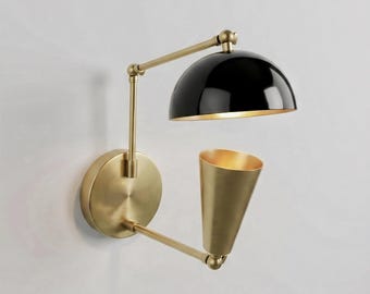 Black & Brass Dual Shade Wandleuchte - Kuppel und Kegel Design, Mid Century Modern Designer Lampe