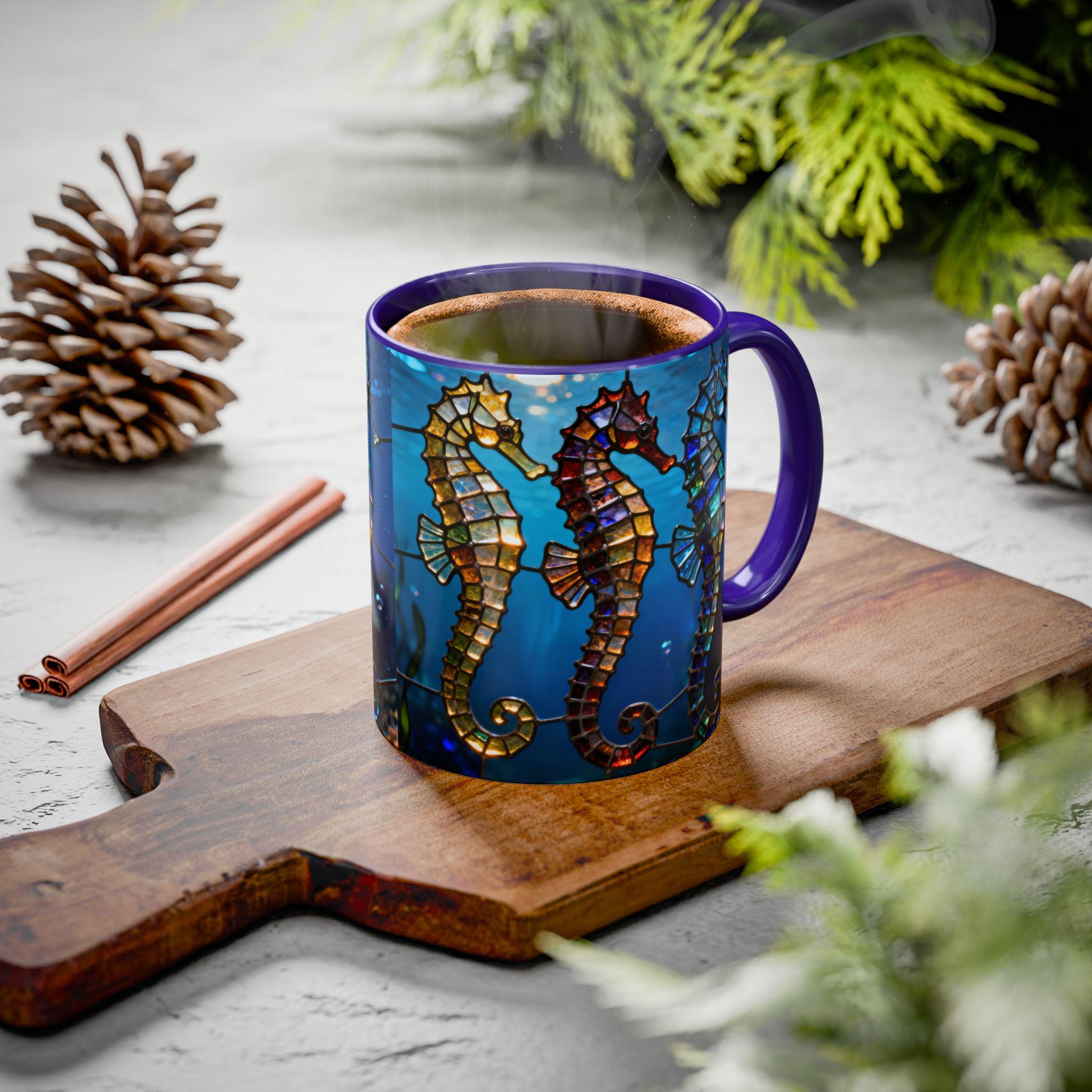 Tasse Céramique Hippocampe Bleu Avec Varech Blanc - Design Artistique - Nécessaire De Bureau Original