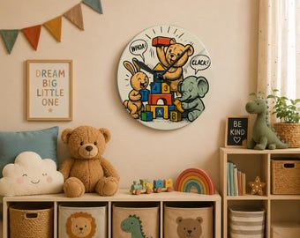 May include: A round wall clock featuring a cartoon illustration of a bear, a rabbit, and an elephant playing with colorful alphabet blocks. The bear holds a red block, with speech bubbles containing the text WHOA! and CLACK! and black clock hands.