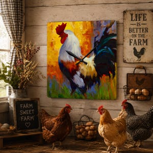 May include: A square wall clock featuring a vibrant, painterly illustration of a rooster with white, red, and blue plumage against a yellow and green background. The clock has black hands and is mounted on a light-colored wooden wall.