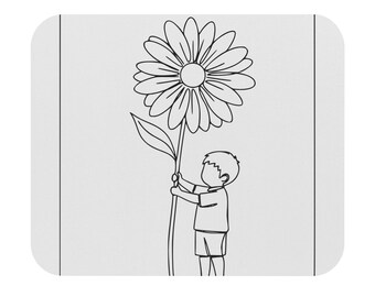 Peut inclure: Dessin au trait en noir et blanc d'un enfant tenant une grande marguerite. L'enfant porte un t-shirt et un short. La marguerite a de nombreux pétales et un grand centre.