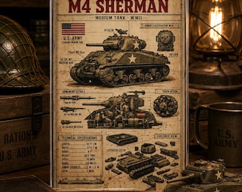 May include: A rectangular print featuring a technical diagram of the M4 Sherman medium tank from WWII. The poster displays a side profile, an internal cross-section, an exploded view, and technical specifications including length, weight, and speed.