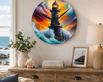 May include: A round wall clock featuring a vibrant, colorful illustration of a dark lighthouse standing amidst crashing ocean waves under a dramatic sunset sky with orange, purple, and blue clouds. The clock has black hour and minute hands.