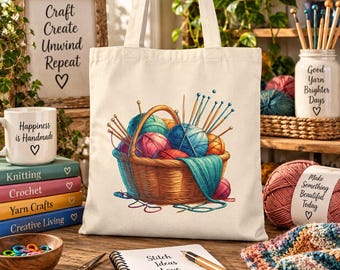 Knitting Basket Cotton Canvas Tote Bag - Yarn Lovers Gift, Craft Supplies Carryall, Knitting Project Holder, Crafting Gift