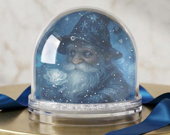 Blauer Zauberer hält weiße Rose Schneekugel | Dekorative Schneekugel