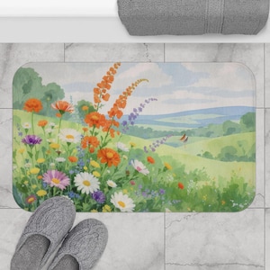 Wildblumen Wiese Badematte | Florale Landschaft, Gänseblümchen & Mohnblumen
