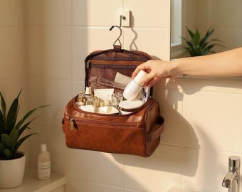 Leather Toiletry Bag – Unisex Travel Organizer – Hanging Dopp Kit – Spacious Cosmetic & Shaving Bag for Trips
