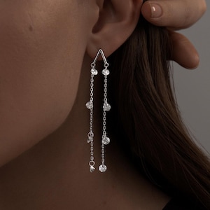 Lange Silber CZ Floating Ohrringe - 925 Sterling Silber Glitzernde Tropfen Ohrringe - Braut Hochzeit Statement Ohrringe - Elegante Kette baumelt