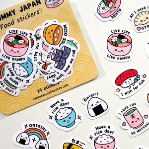 Cute kawaii Japanese food cuisine 19 pieces sushi ramen takoyaki miso gyoza bento dango onigiri matte stickers image 1