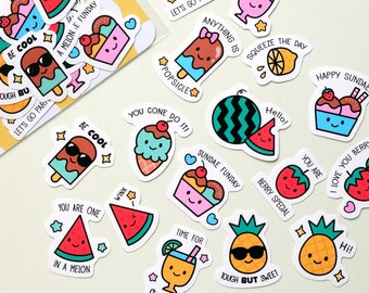 Cute kawaii 16 pieces pineapple strawberries cocktail watermelon ice cream sundae lollies dessert fruit matte stickers