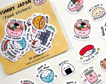 Cute kawaii Japanese food cuisine 19 pieces sushi ramen takoyaki miso gyoza bento dango onigiri matte stickers