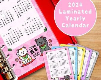 Laminated 2024 year at a glance calendar cute cat Filofax Mini Pocket Personal A5 A6 Kikki K Louis Vuitton Gillio Mulberry