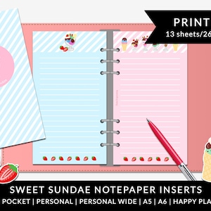 May include: A set of 13 printable notepaper inserts for a planner. The inserts feature a pink and blue striped design with a sweet sundae ice cream theme. The text "Notes" and "Sweet Sundae" are visible on the cover of the planner.