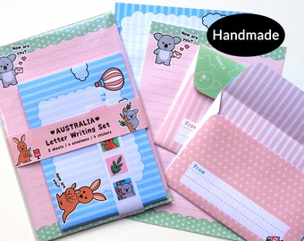 Cute koala and kangaroo letter writing paper stationery set handmade printed ideal for kids children Australia themed