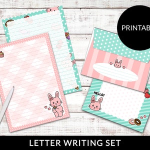 Conjunto de papelaria para escrever letras fofas Kawaii para IMPRIMIR, folhas de escrita de coelho fofo, envelopes para download instantâneo