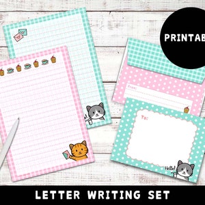 Juego de papelería imprimible con diseño de gatitos, hojas y sobres para escribir cartas kawaii, descarga instantánea