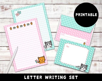 PRINTABLE Letter Writing Stationery Set Cute Kitty Cat Sheets Envelopes Instant Download