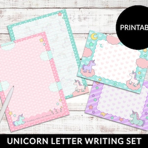 Juego de papelería imprimible con letras kawaii, hojas de escritura de unicornio y sobres, descarga instantánea