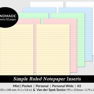 HANDMADE Printed ruled notepaper planner inserts Filofax Mini | Pocket | Personal | Personal Wide | A5 | A6 Gillio | Van der Spek | Mulberry