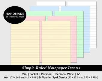 HANDMADE Printed ruled notepaper planner inserts Filofax Mini | Pocket | Personal | Personal Wide | A5 | A6 Gillio | Van der Spek | Mulberry