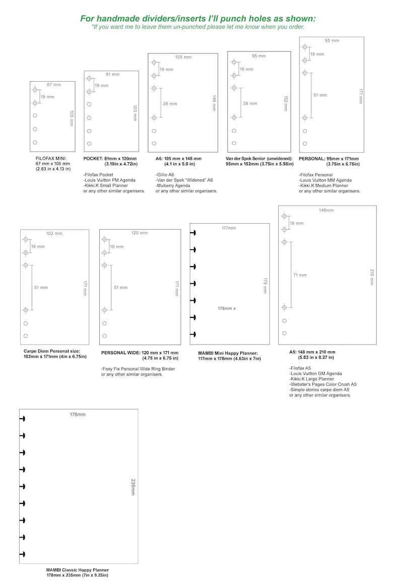 May include: A technical diagram displaying various planner insert sizes with hole punch configurations. Labels include Filofax Mini, Pocket, A6, Van der Spek, Personal, Carpe Diem, Personal Wide, MAMBI Mini Happy Planner, A5, and MAMBI Classic Happy Planner.