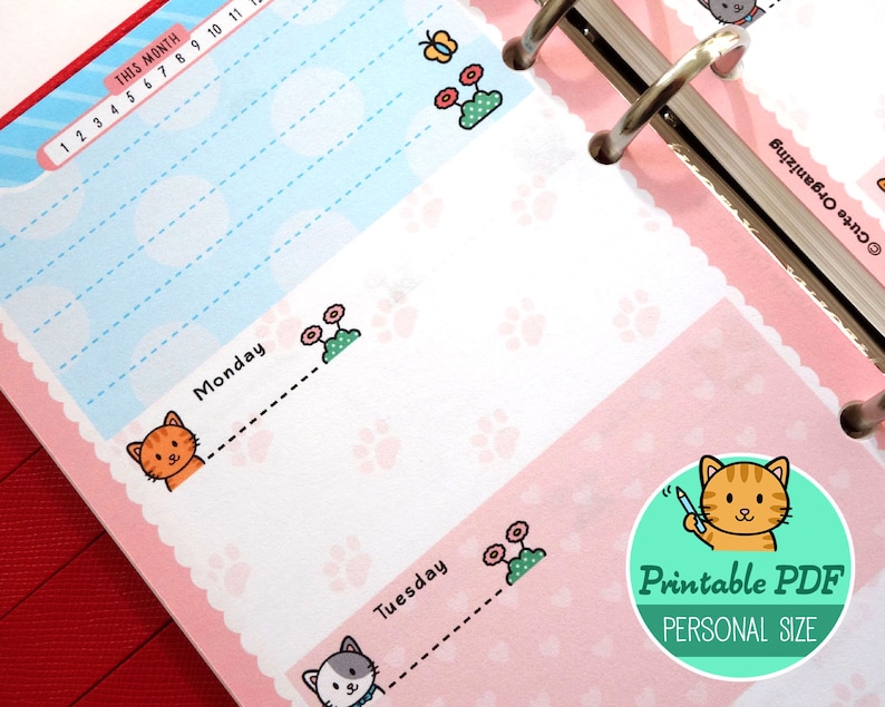 PRINTABLE Personal Size UNDATED Week On Two Pages Cute Kawaii Kitty for Filofax Kikki.K Louis Vuitton Organizer Planner Instant Download image 5