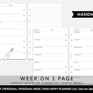May include: A black and white printable planner page with the text "WEEK ON 1 PAGE" and "UNDATED INSERTS FOR 12 WEEKS OR 1 YEAR (52 WEEKS)". The page is divided into seven sections for each day of the week, with space for writing the month, year, and day of the week.