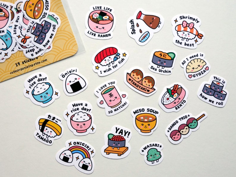 Cute kawaii Japanese food cuisine 19 pieces sushi ramen takoyaki miso gyoza bento dango onigiri matte stickers image 3