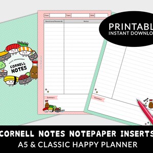 PRINTABLE Cornell Notes Method note taking students notepaper planner inserts A5 and Classic Happy Planner cute sushi Instant Download