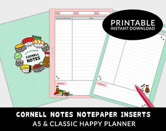 PRINTABLE Cornell Notes Method note taking students notepaper planner inserts A5 and Classic Happy Planner cute sushi Instant Download