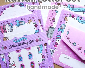 Cute Kawaii letter writing paper stationery set handmade ideal for kids children girls cute kitty cats kitties