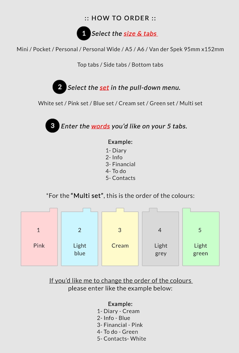 May include: An instructional graphic titled HOW TO ORDER with three numbered steps for selecting planner tab sizes, sets, and custom words. It displays a color-coded sequence of five rectangular tabs in pink, light blue, cream, light gray, and light green.