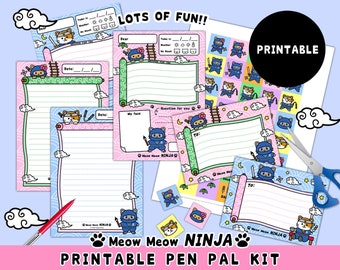 PRINTABLE Pen Pal Kit Letter Writing Stationery Set Cute Kitty Ninja Cats Sheets Envelopes Stickers Instant Download