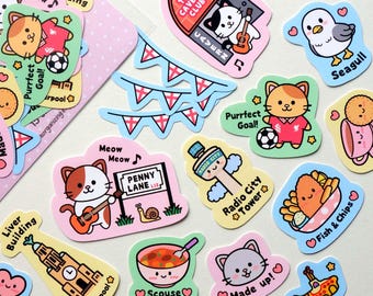 Kawaii Liverpool Sticker Pack | Cute UK City Stickers | Scouse Slang, Cat, Seagull & Food | Planner, Journal, Scrapbook Stickers