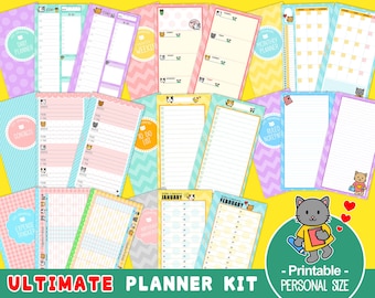 PRINTABLE Personal Size Ultimate Planner Kit Cute Kitty Day Week Month Birthday Calendar Notepaper Todo Contacts Expense Instant Download