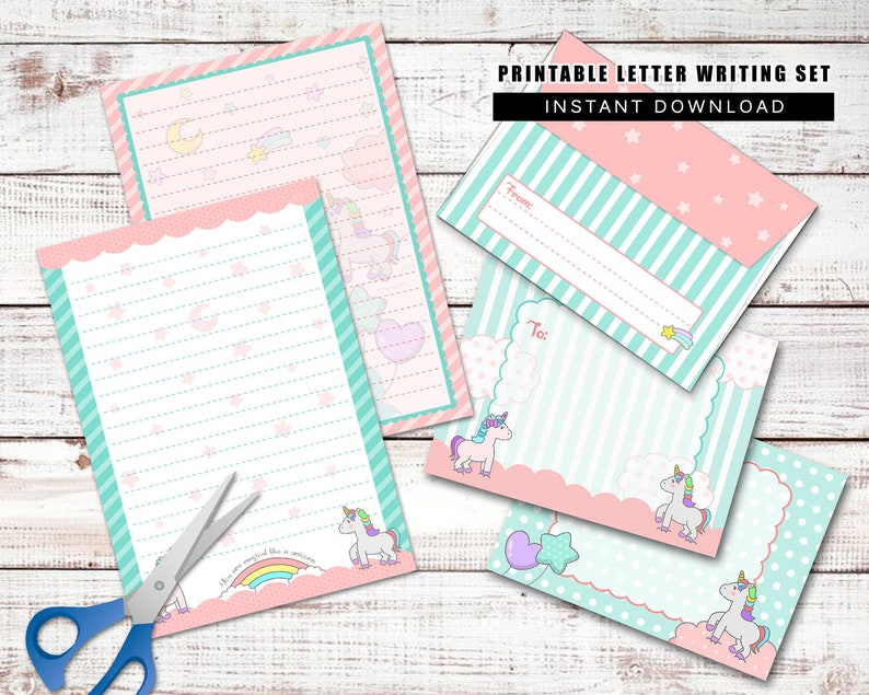 printable letter writing stationery set cute unicorn sheets etsy