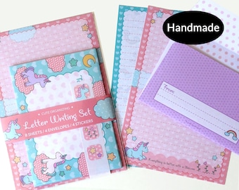 Cute Kawaii Unicorn cute letter writing paper stationery set handmade ideal for kids children