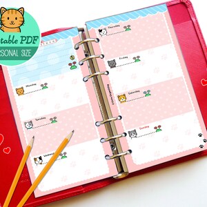 PRINTABLE Personal Size UNDATED Week On Two Pages Cute Kawaii Kitty for Filofax Kikki.K Louis Vuitton Organizer Planner Instant Download image 2