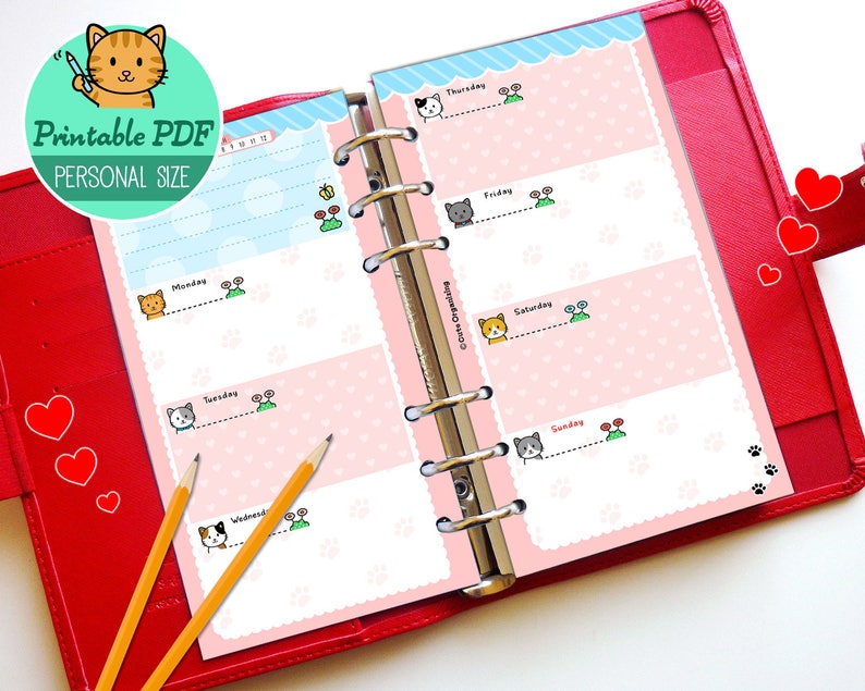 PRINTABLE Personal Size UNDATED Week On Two Pages Cute Kawaii Kitty for Filofax Kikki.K Louis Vuitton Organizer Planner Instant Download image 2